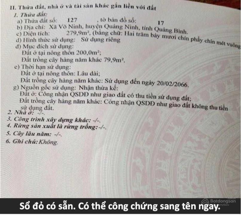 Cần bán nhanh lô đất sổ riêng 280 m2, mặt tiền 14m tại Quảng Ninh - Quảng Bình, giá 3,5 tỷ