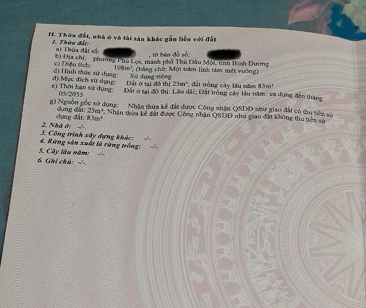 Chuyển nhượng nhà riêng sổ đỏ 1 tầng, 108 m2, mặt tiền 5m tại Đường Phú Lợi - Thủ Dầu Một, giá tốt
