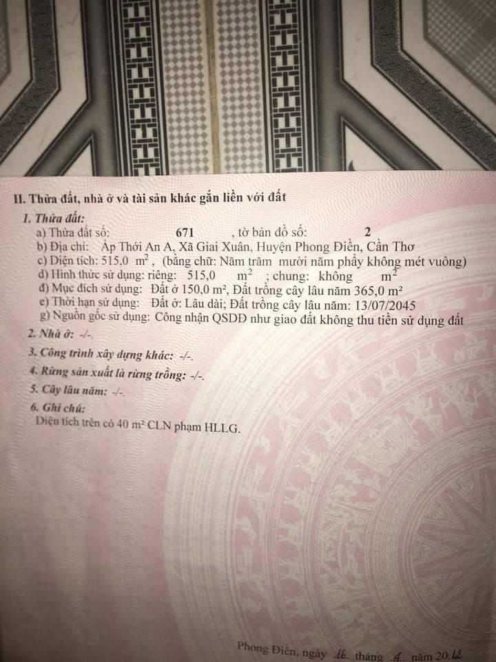 Chuyển nhượng miếng đất 515 m2 tại Giai Xuân - Phong Điền - Cần Thơ, giá 1.7 tỷ