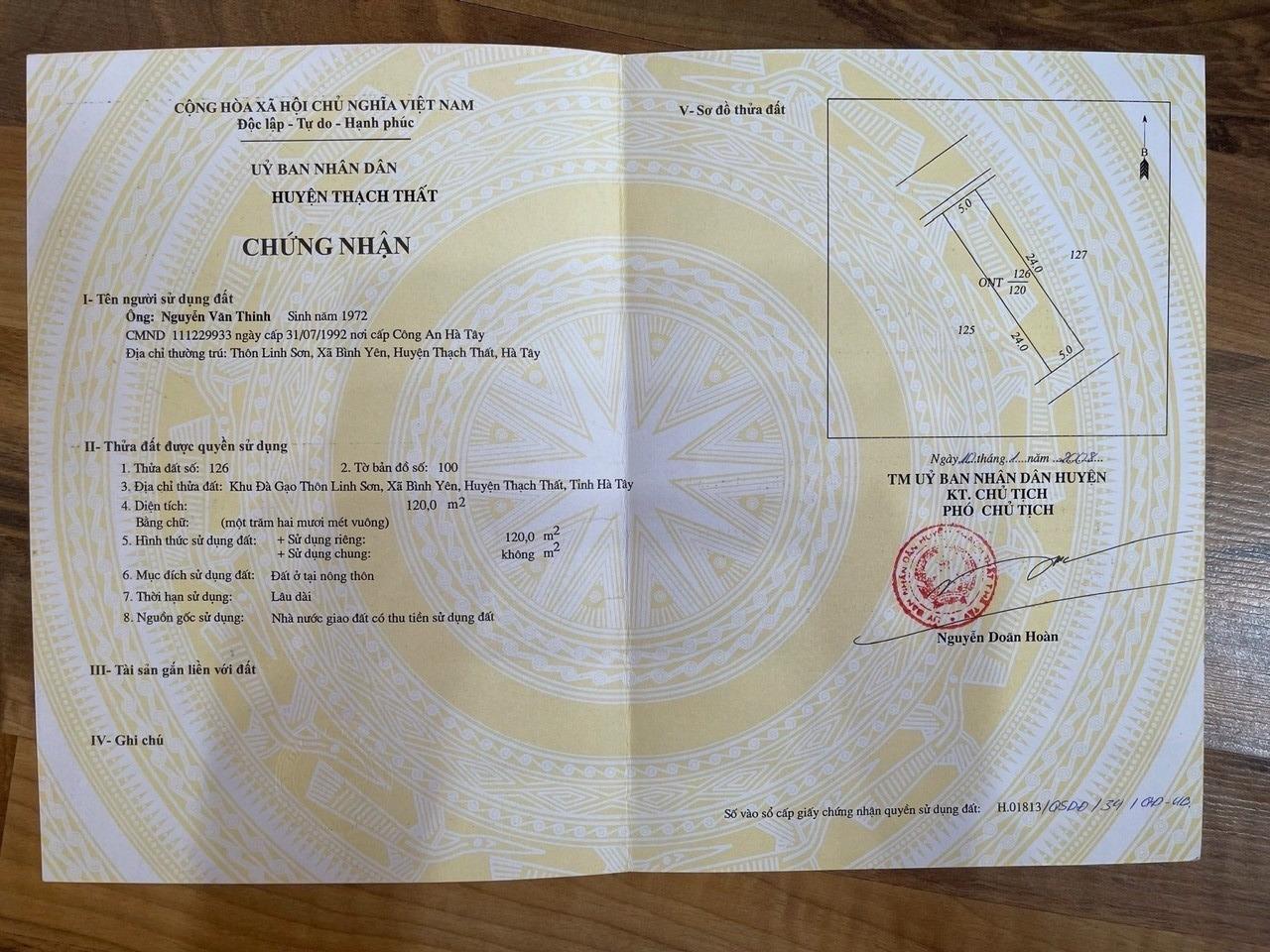 Cần bán lô đất sổ riêng 120 m2 tại Đường 21A - Bình Yên - Thạch Thất - Hà Nội, giá 3.7 tỷ