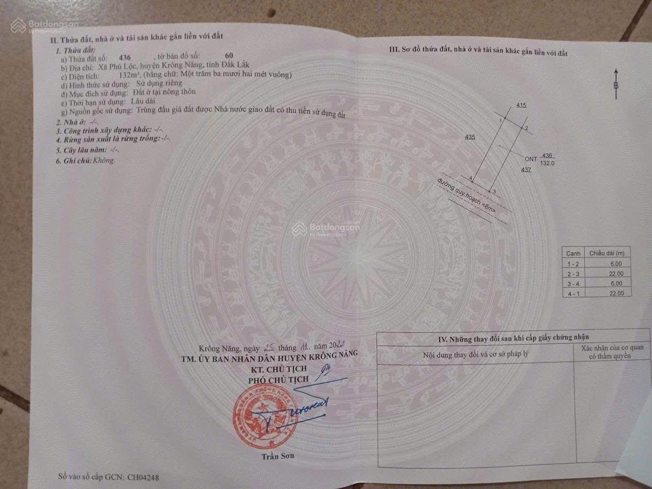 Cần bán ngay lô đất nền 132 m2, hướng Đông-Bắc tại Phú Lộc - Krông Năng - Đắk Lắk, giá rẻ