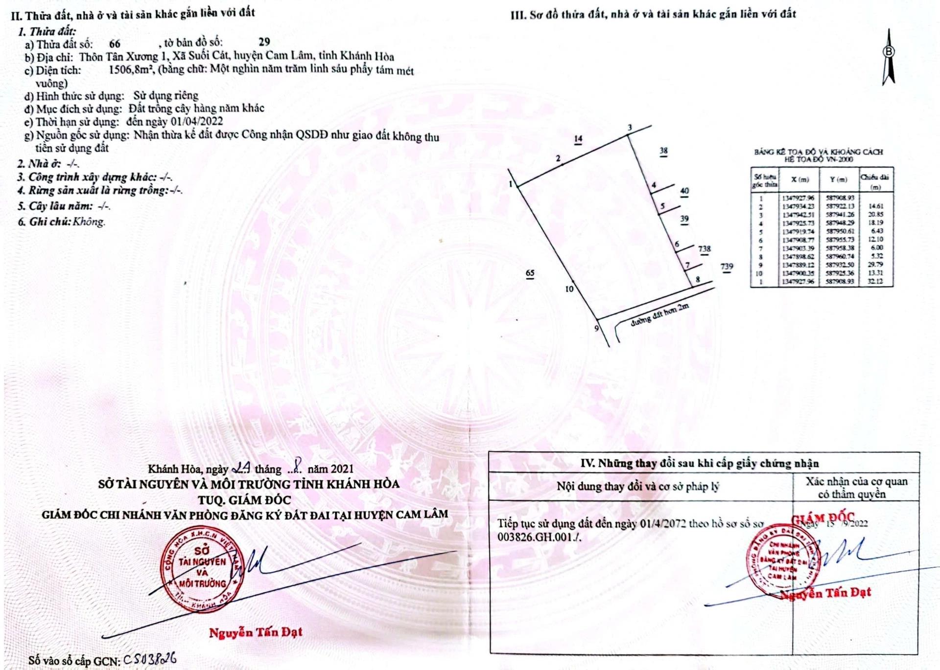 Bán gấp miếng đất 1500 m2 tại Xã Suối Cát - Cam Lâm - Khánh Hòa, giá 3 tỷ