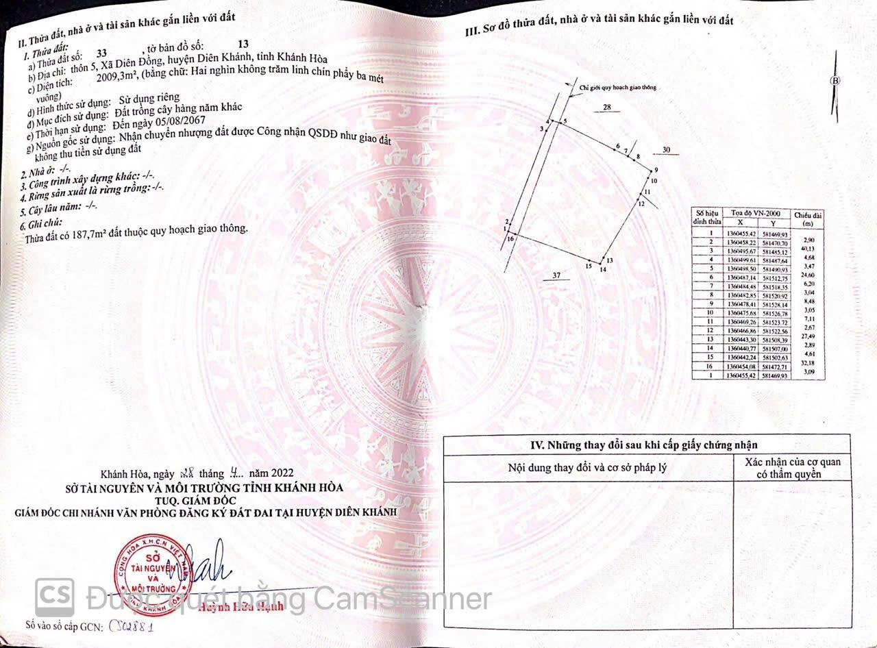 Bán đất nền 2009 m2 tại Xã Diên Đồng - Diên Khánh - Khánh Hòa, giá 2,9 tỷ