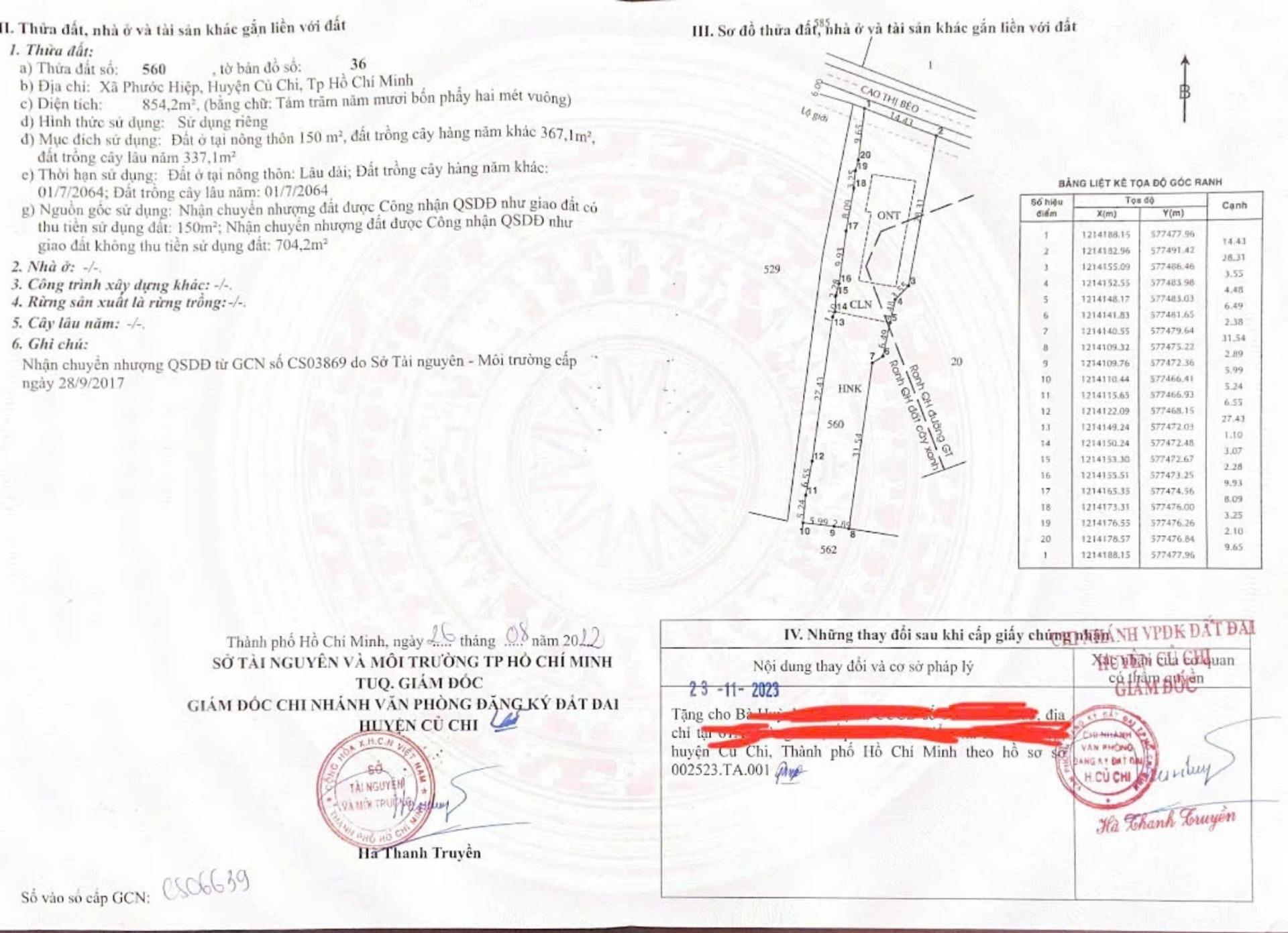 Chuyển nhượng nhà mặt phố 854 m2 tại Đường Cao Thị Bèo - Phước Hiệp - Củ Chi, giá 3,29 tỷ