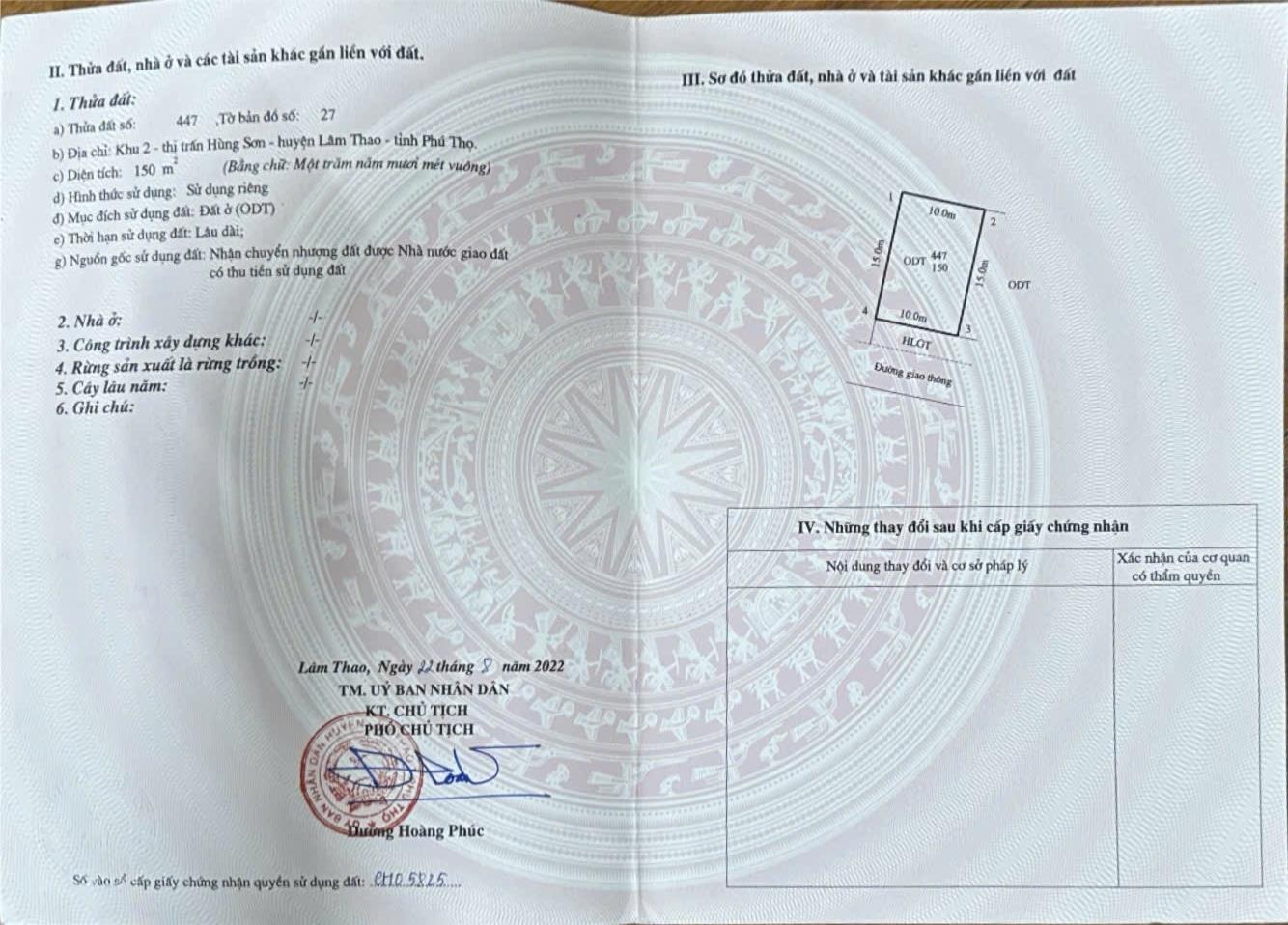 Bán gấp nền đất 150 m2 tại Huyện Lâm Thao - Phú Thọ, thỏa thuận