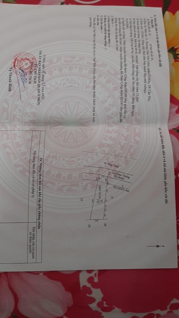 Bán nhanh miếng đất 175 m2, hướng Tây-Bắc tại Châu Văn Liêm - Ô Môn - Cần Thơ, giá 1,8 tỷ