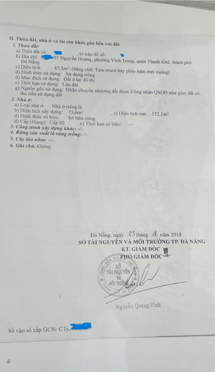 Bán gấp nhà riêng sổ đỏ 88 m2, hướng Tây-Bắc tại Đường Nguyễn Hoàng - Hải Châu, giá 4,7 tỷ