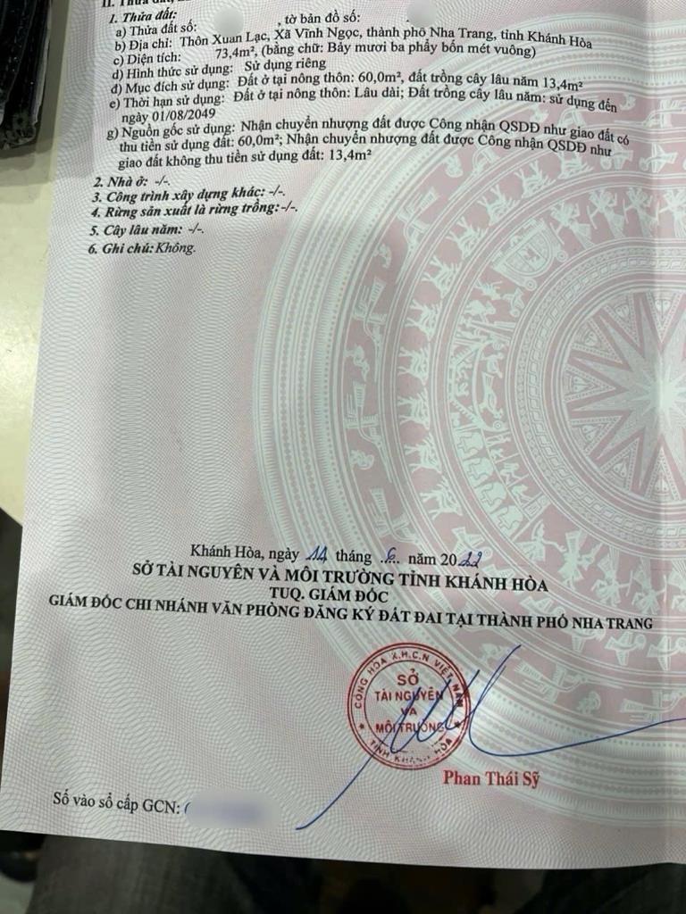 Sở hữu ngay lô đất 73 m2 tại Xã Vĩnh Ngọc - Nha Trang - Khánh Hòa, giá 1,66 tỷ