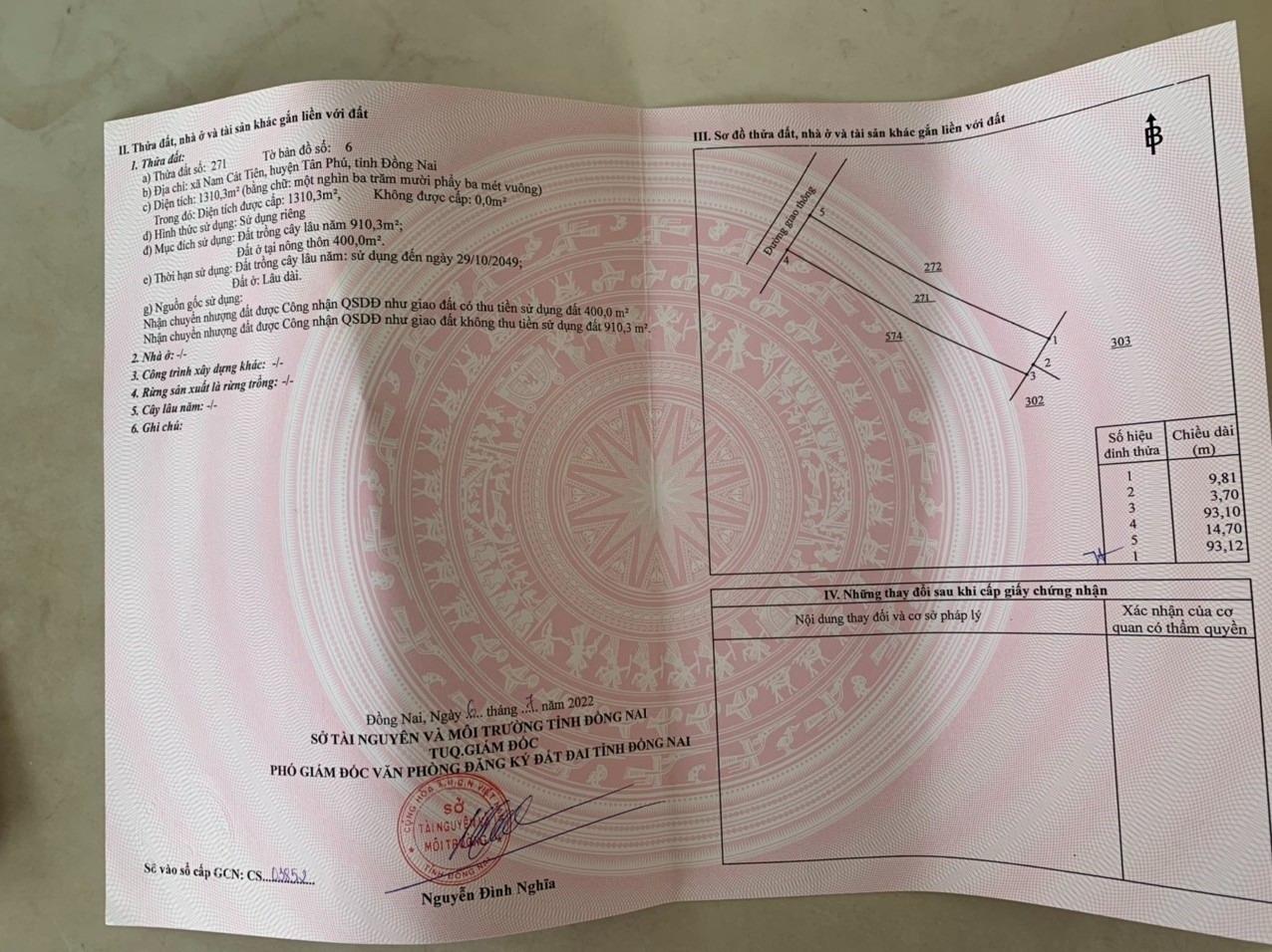 Sở hữu lô đất sổ riêng 1310,300048828125 m2, hướng Tây-Bắc tại Tân Phú - Đồng Nai, giá 2 tỷ