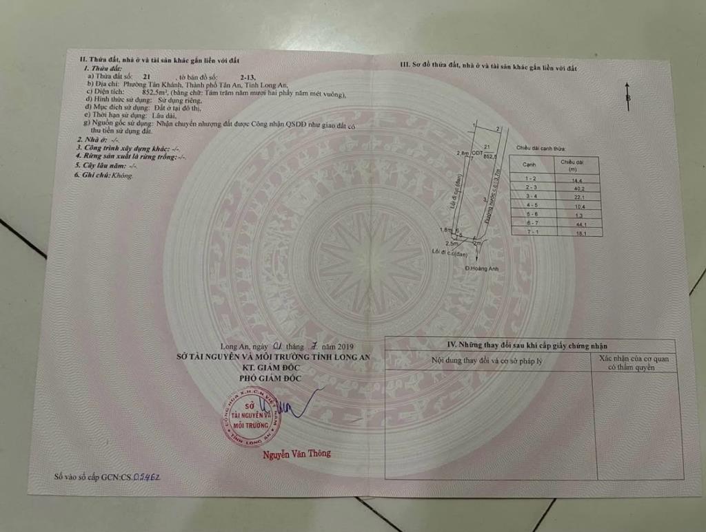 Bán gấp lô đất sổ riêng 852 m2, mặt tiền 14m, hướng Nam tại Tân An - Long An, thỏa thuận