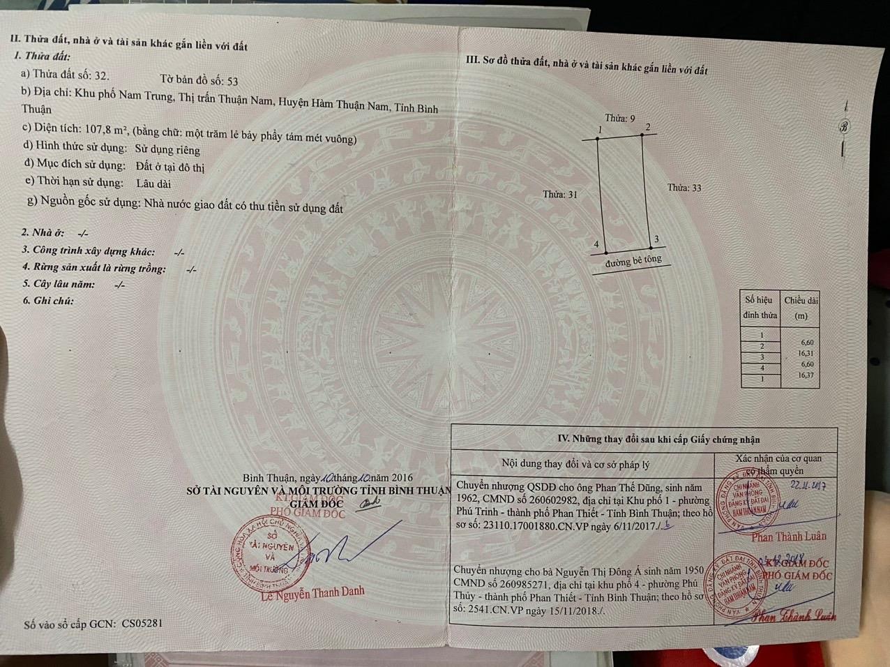 Cần bán gấp đất nền 215 m2, hướng Đông-Nam tại Hàm Thuận Nam - Bình Thuận, giá 1,5 tỷ