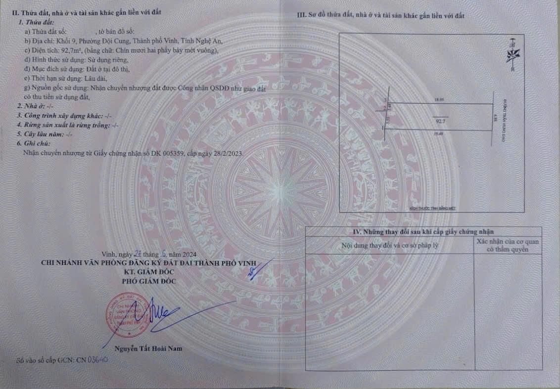 Cần bán ngay đất 93 m2, hướng Đông tại Đường Trần Hưng Đạo - Đội Cung - Vinh - Nghệ An, giá 7 tỷ