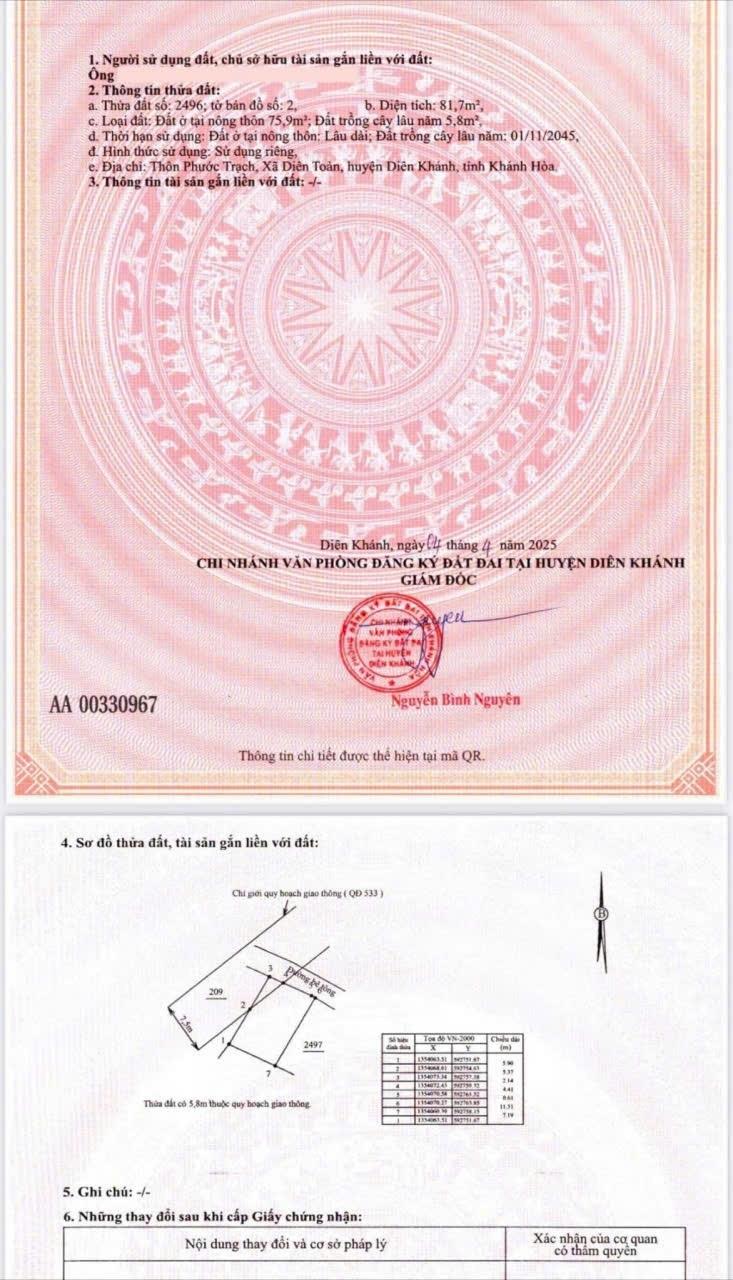 Cần bán lô đất 81 m2 tại Xã Diên Toàn - Diên Khánh - Khánh Hòa, giá 1,25 tỷ