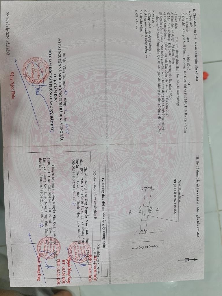 Bán gấp đất nền 200 m2 tại Phường Hắc Dịch - Phú Mỹ - Bà Rịa Vũng Tàu, giá 2,5 tỷ