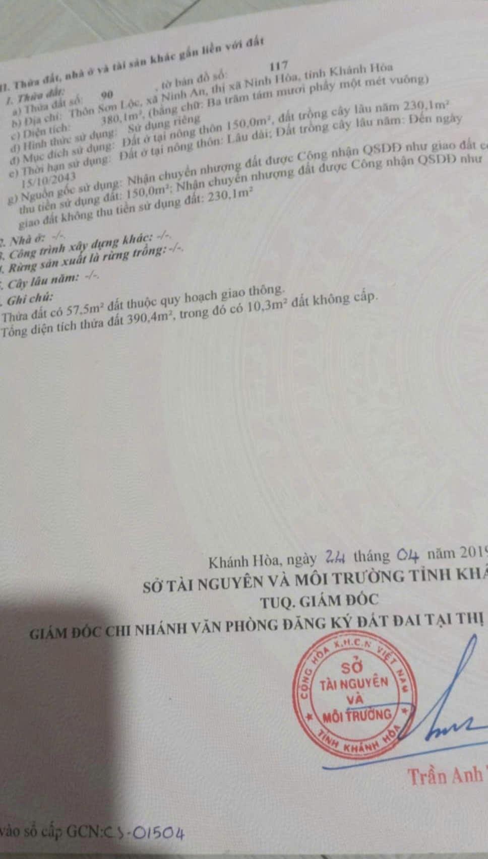 Cần bán đất nền 308,1000061035156 m2 tại Huyện Ninh Hòa - Khánh Hòa, giá 1,3 tỷ