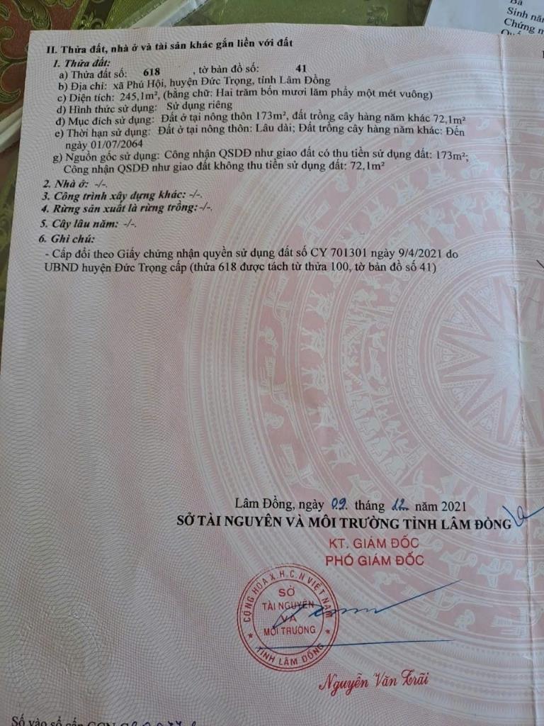 Chuyển nhượng lô đất 245 m2, mặt tiền 7m, hướng Đông-Bắc tại Đức Trọng - Lâm Đồng, giá 1,35 tỷ