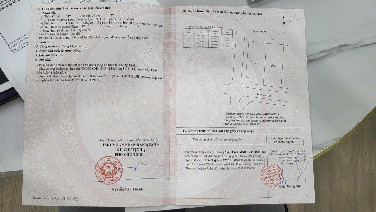 Bán nhanh đất nền 374 m2 tại Đường 1 - Long Trường - Quận 9 - TP Hồ Chí Minh, giá 11,8 tỷ