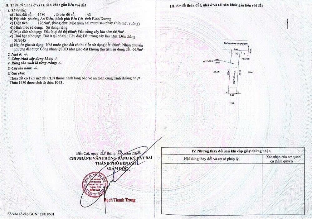 Bán nhanh lô đất 125 m2 tại Huyện Bến Cát - Bình Dương, giá 1,2 tỷ