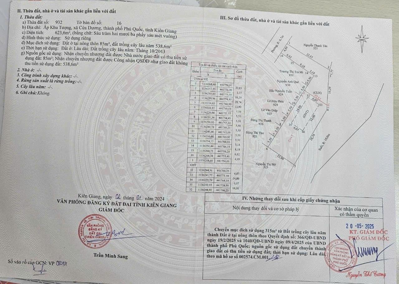 Cần bán nhanh lô đất 623 m2, hướng Tây-Bắc tại Xã Dương Tơ - Phú Quốc - Kiên Giang, giá 4,5 tỷ