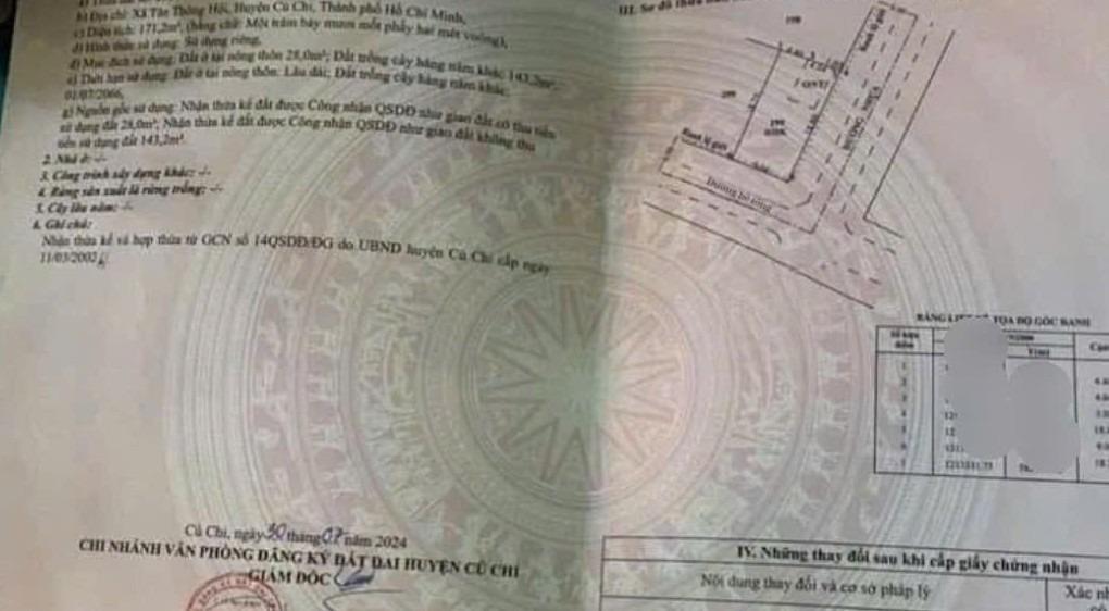 Cần bán nhà shr 171 m2 tại Đường Liêu Bình Hương - Tân Thông Hội - Củ Chi, giá 830 tr