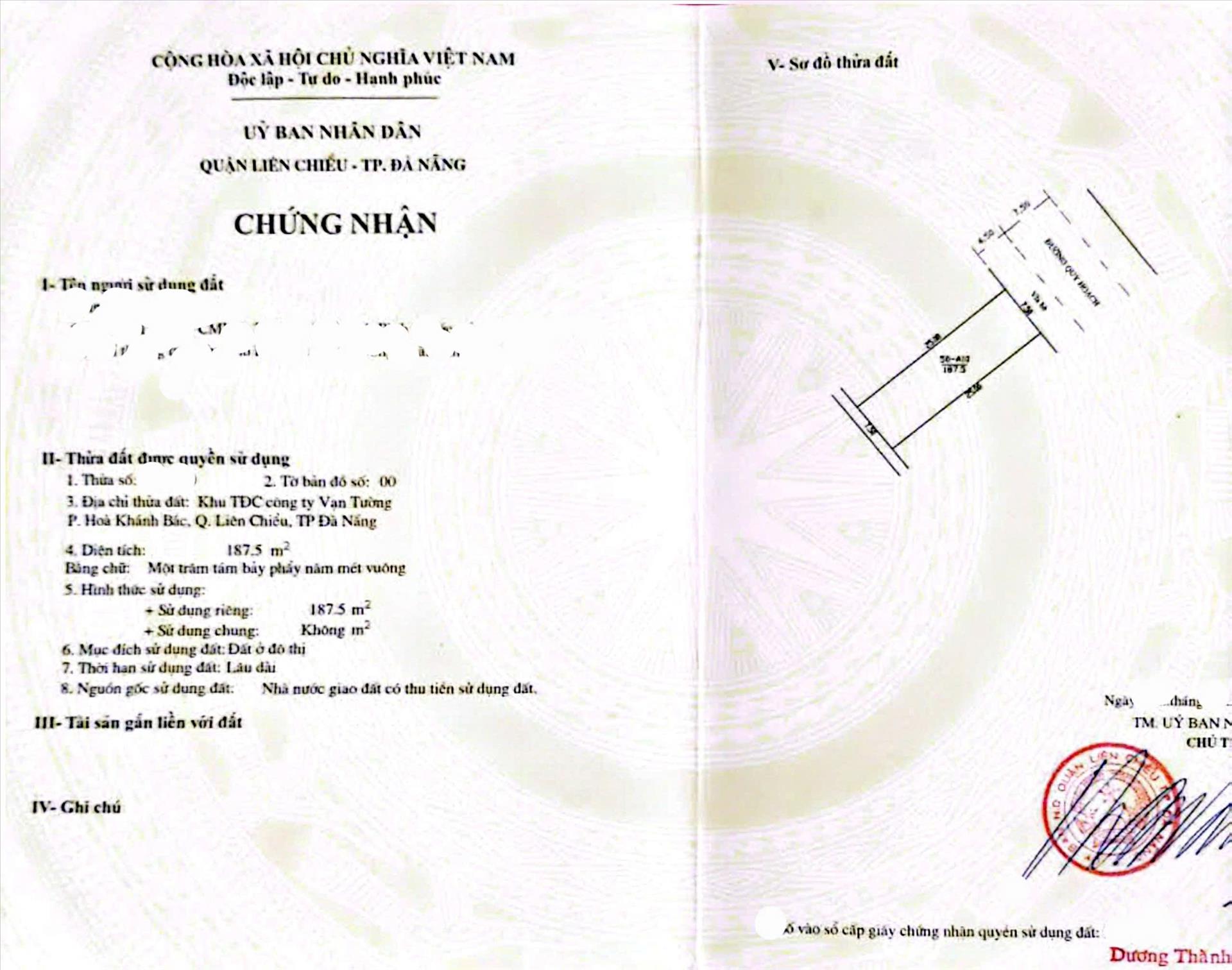 Bán gấp lô đất 188 m2 tại Đường Phan Văn Thuật - Hòa Khánh Bắc - Liên Chiểu - Đà Nẵng, giá 9,49 tỷ