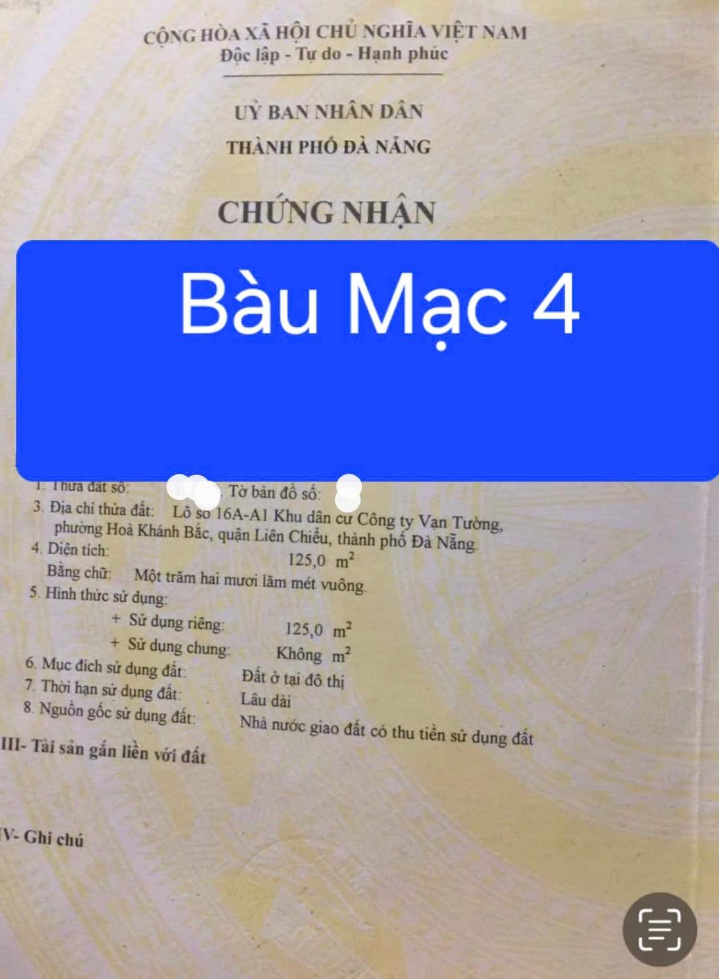 Bán gấp miếng đất 125 m2 tại Đường Bàu Mạc 4 - Hòa Khánh Bắc - Liên Chiểu - Đà Nẵng, giá 6 tỷ