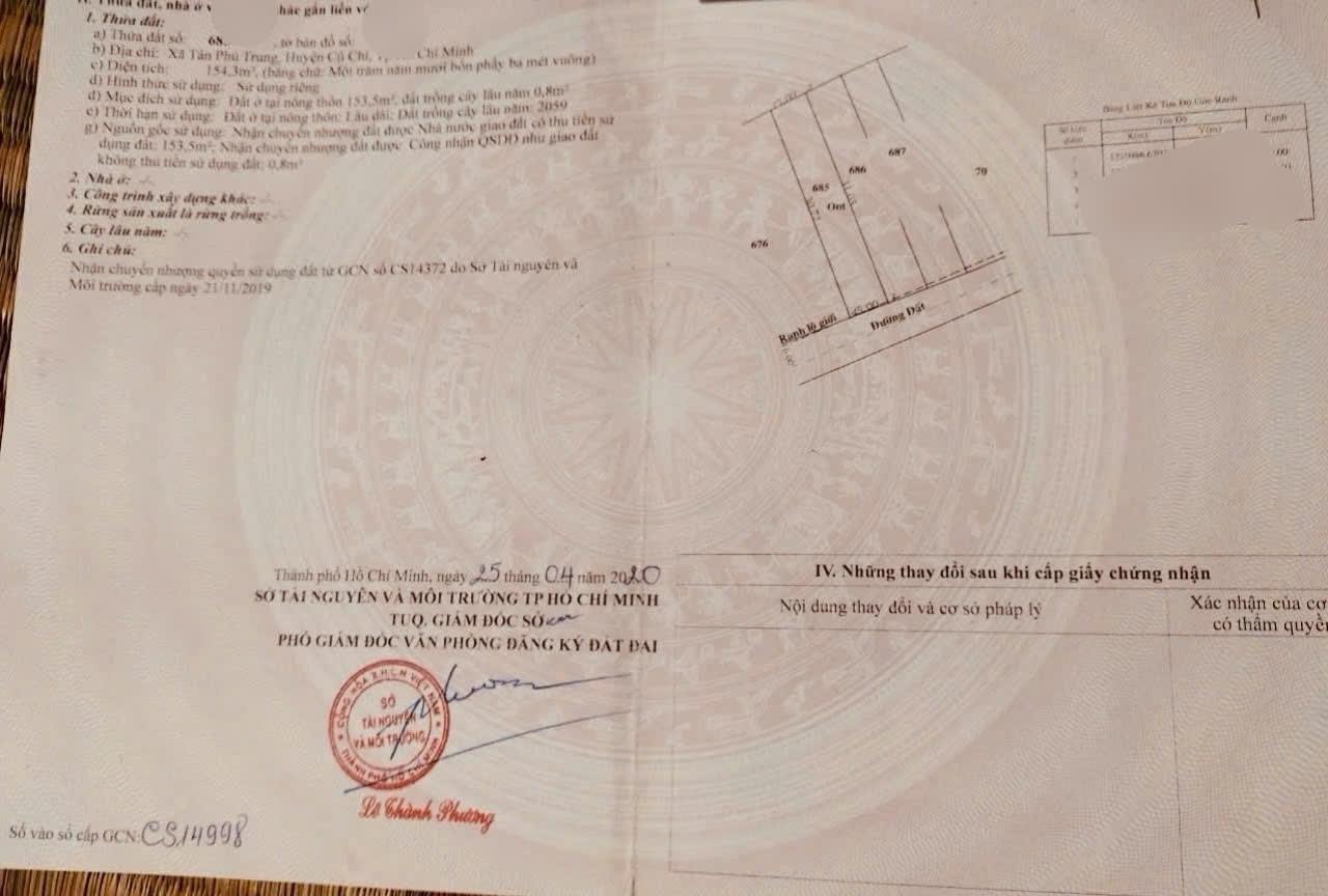 Cần bán gấp nhà sổ hồng riêng 154 m2 tại Xã Tân Phú Trung - Củ Chi - TP Hồ Chí Minh, giá 770 tr