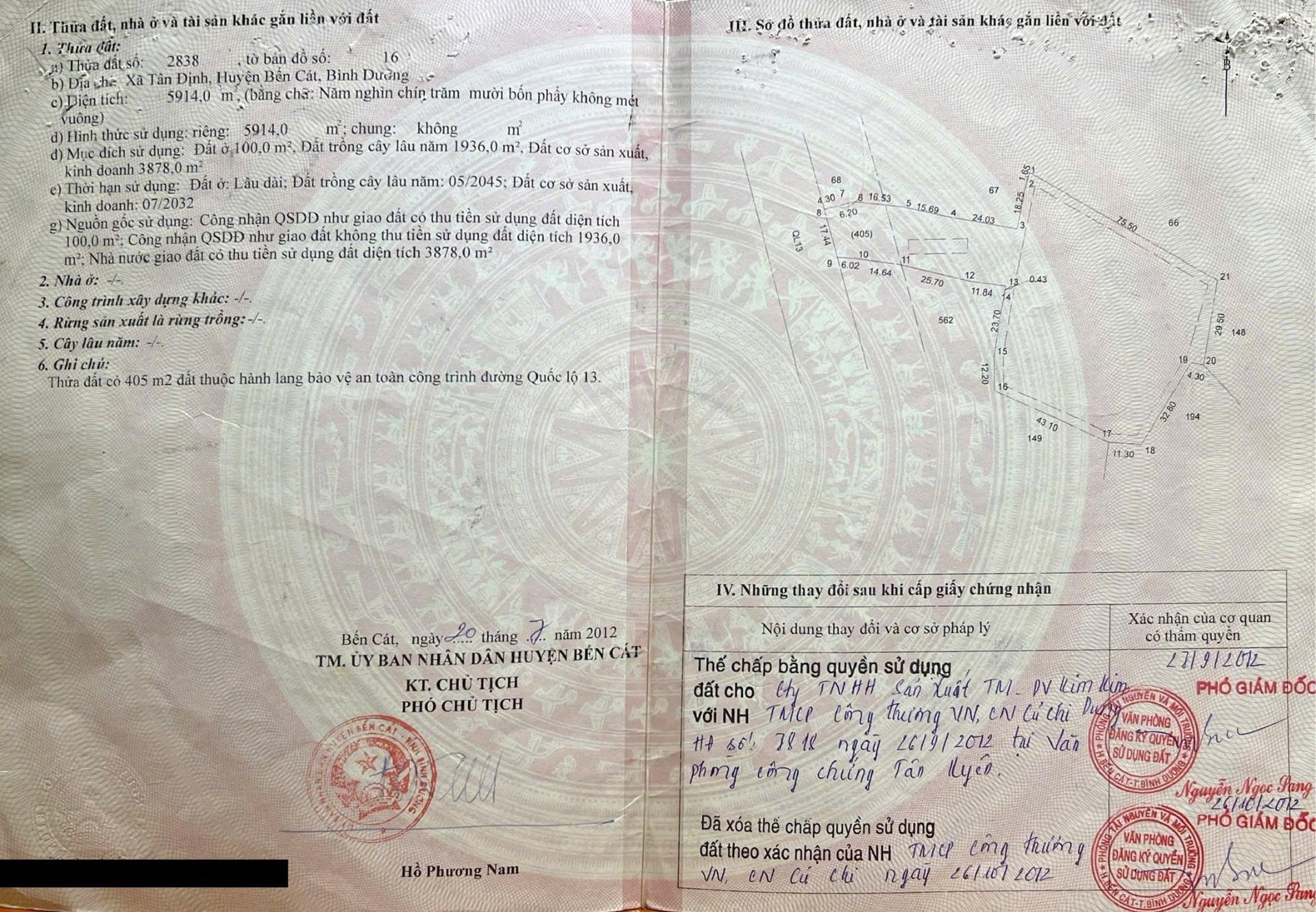 Sở hữu đất 5914 m2, hướng Tây-Nam tại Tân Định - Bến Cát - Bình Dương, giá 38 tỷ