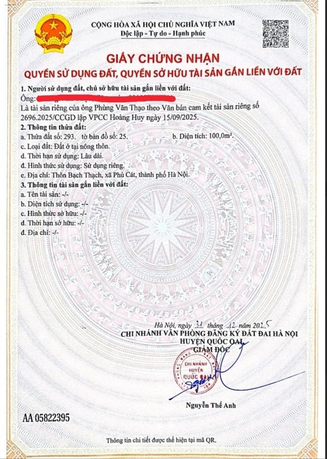 Sở hữu ngay lô đất 100 m2 tại Xã Hòa Thạch - Quốc Oai - Hà Nội, giá 2,94 tỷ