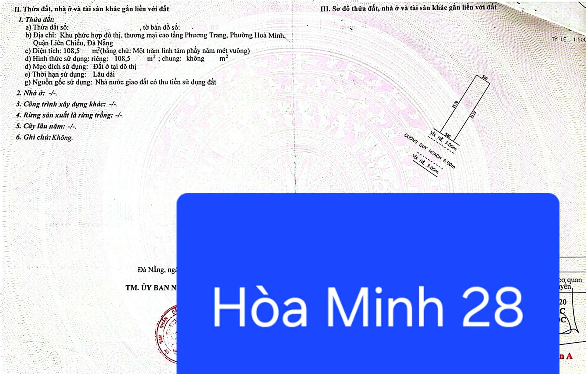 Cần bán ngay miếng đất 108 m2 tại Phường Hòa Minh - Liên Chiểu - Đà Nẵng, giá 6,8 tỷ