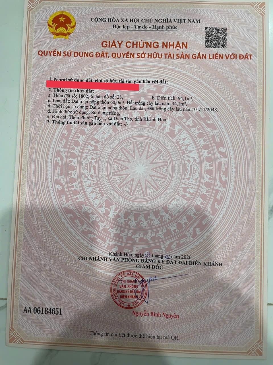 Cần bán gấp bán nhanh lô đất 94 m2, hướng Tây-Nam tại Diên Khánh - Khánh Hòa, giá 750 tr