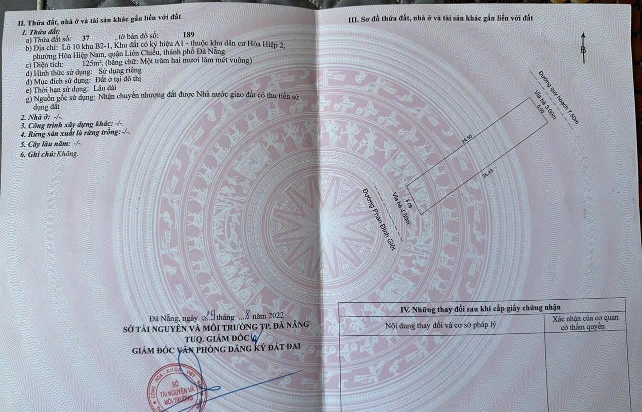Cần bán gấp mảnh đất 125 m2 tại Hòa Hiệp Nam - Liên Chiểu - Đà Nẵng, giá 8,2 tỷ