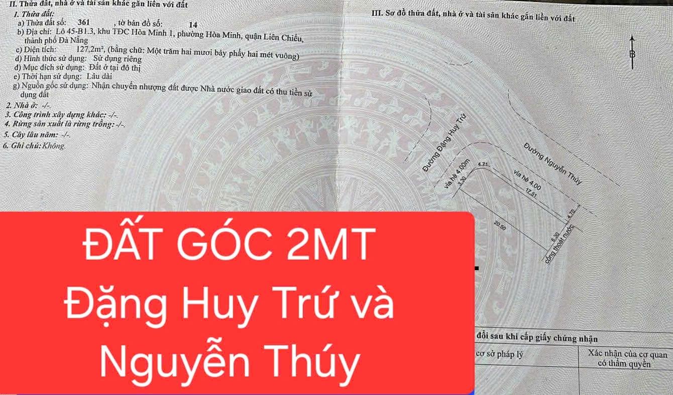 Cần bán ngay nền đất 127 m2 tại Đường Đặng Huy Trứ - Hòa Minh - Liên Chiểu - Đà Nẵng, giá 11,5 tỷ
