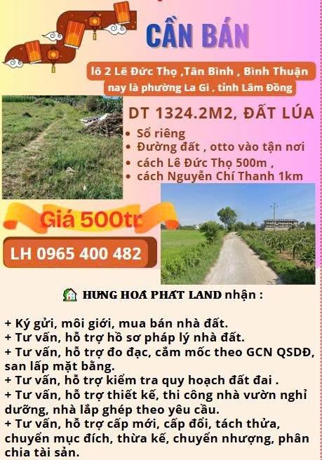 Bán nền đất 1324,199951171875 m2 tại Xã Tân Bình - La Gi - Bình Thuận, giá 500 triệu