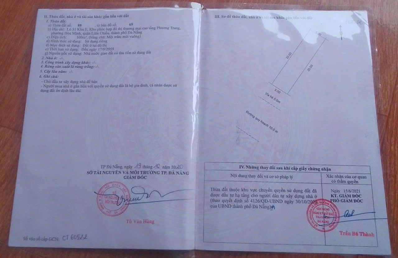 Bán gấp lô đất sổ riêng 100 m2 tại Phường Hòa Minh - Liên Chiểu - Đà Nẵng, giá 8,4 tỷ
