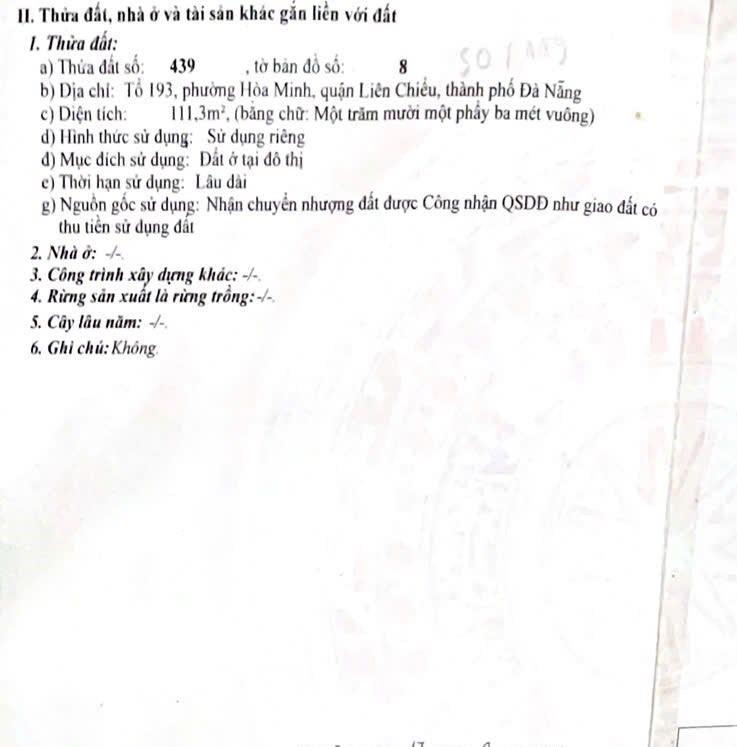 Cần bán gấp miếng đất 111 m2 tại Đường Trần Đình Tri - Hòa Minh - Liên Chiểu - Đà Nẵng, giá 4,3 tỷ