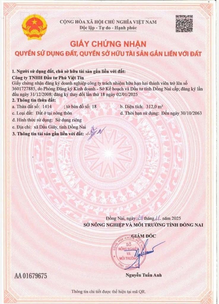 Sở hữu đất dự án 312 m2 tại Thị trấn Dầu Giây - Thống Nhất - Đồng Nai, giá 5,31 tỷ