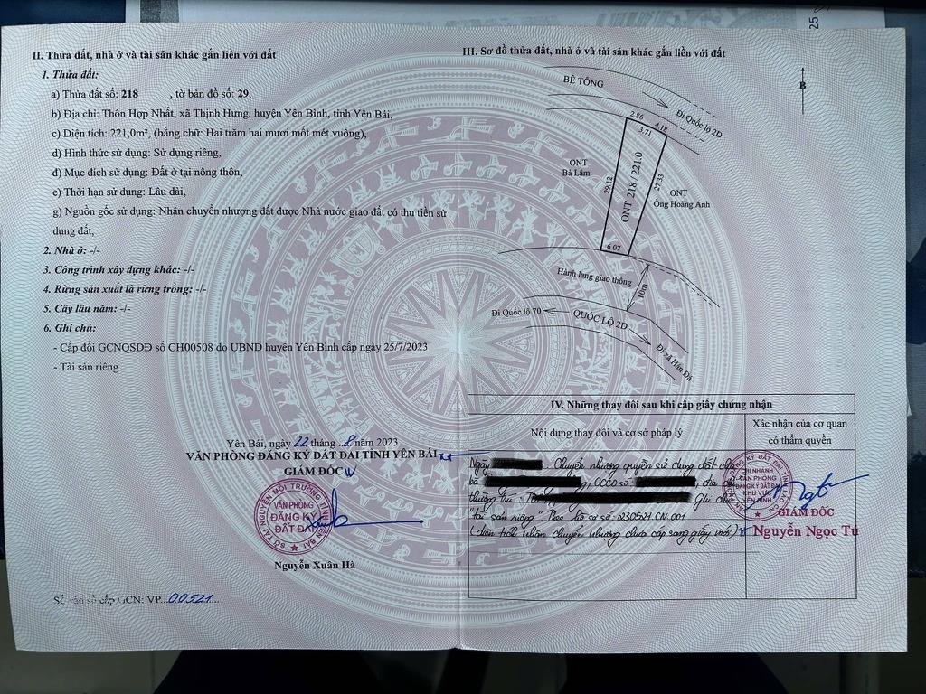 Bán gấp lô đất nền 221 m2, mặt tiền 6m tại Xã Thịnh Hưng - Yên Bình - Yên Bái, giá 1,8 tỷ