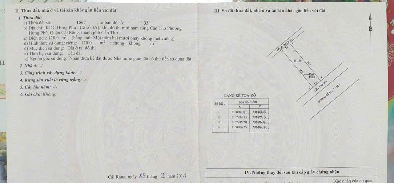 Cần bán đất nền 120 m2 tại Quận Cái Răng - Cần Thơ, giá 6 tỷ