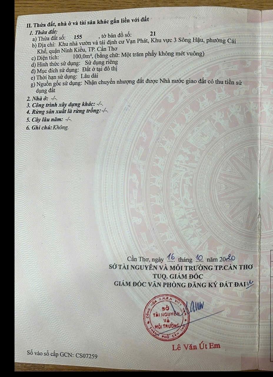 Cần bán gấp bán nhanh lô đất nền 100 m2 tại Quận Ninh Kiều - Cần Thơ, giá 4,5 tỷ