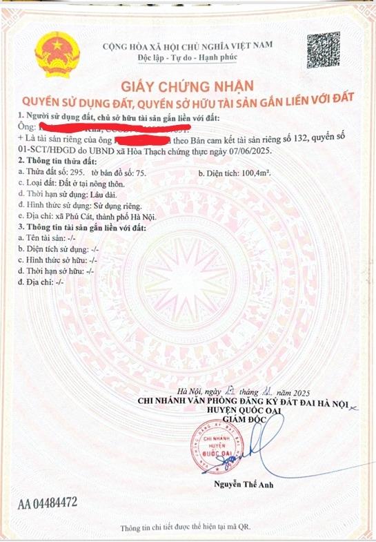 Sở hữu miếng đất 100 m2 tại Xã Hòa Thạch - Quốc Oai - Hà Nội, giá 2,6 tỷ