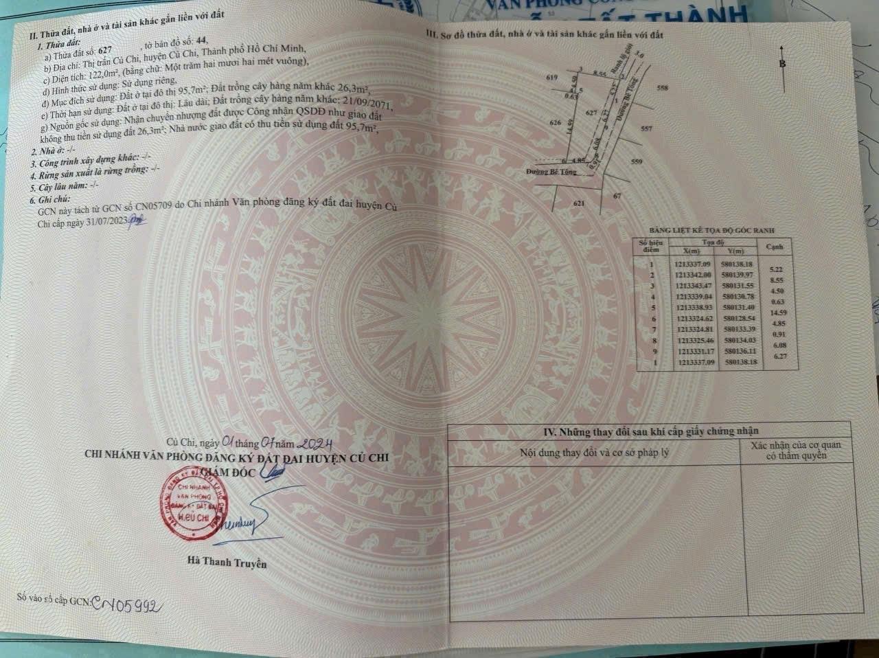 Cần bán gấp bán nhanh nền đất 122 m2 tại Thị trấn Củ Chi - Củ Chi - TP Hồ Chí Minh, giá 1,9 tỷ