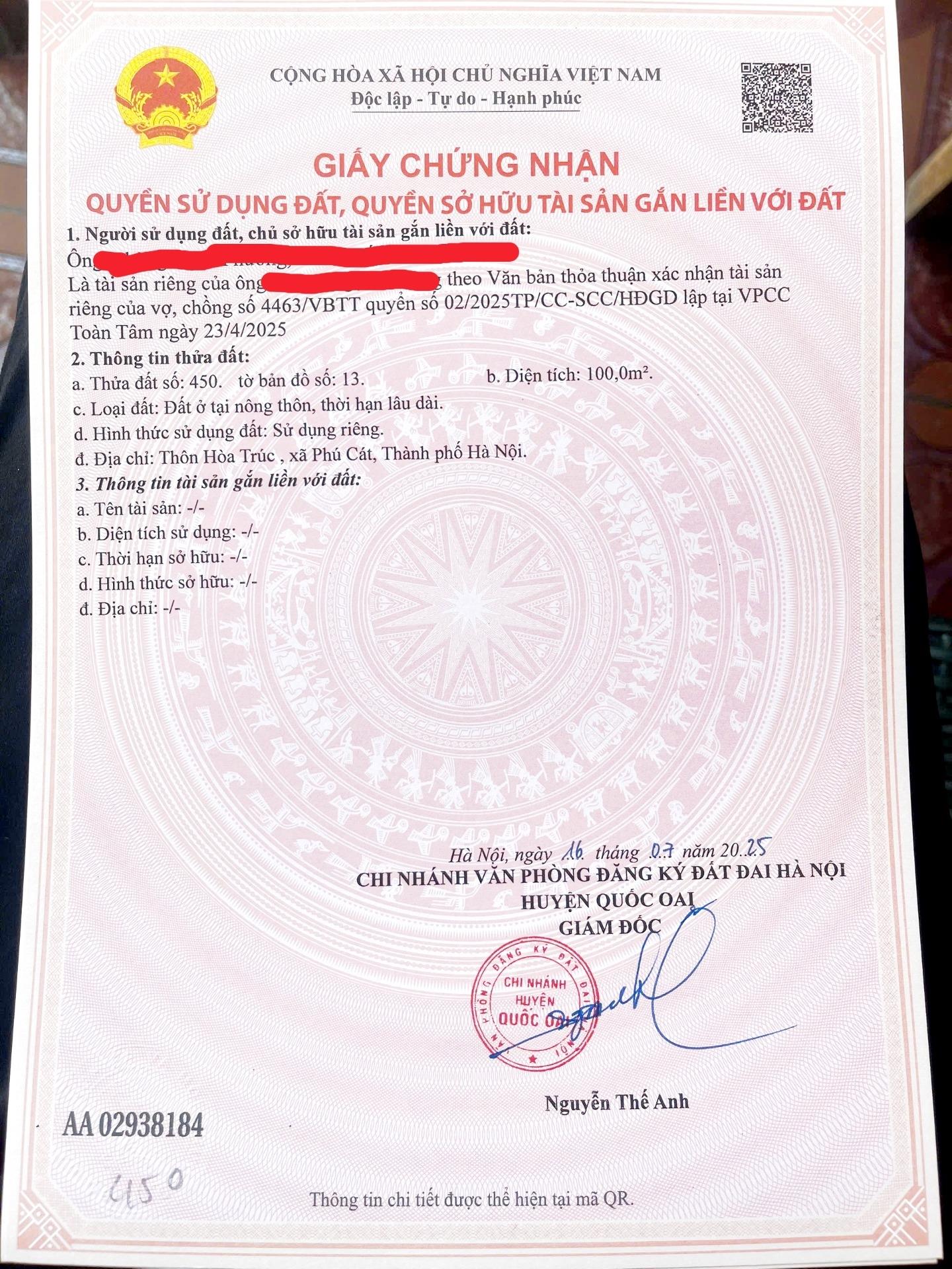 Cần bán ngay đất 100 m2 tại Xã Hòa Thạch - Quốc Oai - Hà Nội, giá 2,17 tỷ