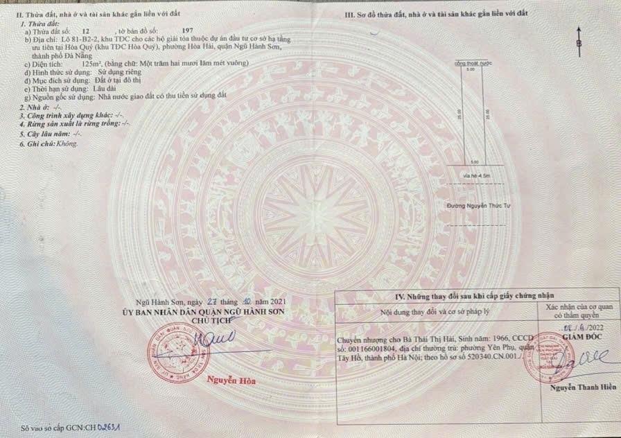 Cần bán gấp lô đất sổ riêng 125 m2 tại Hòa Quý - Ngũ Hành Sơn - Đà Nẵng, giá 5,6 tỷ