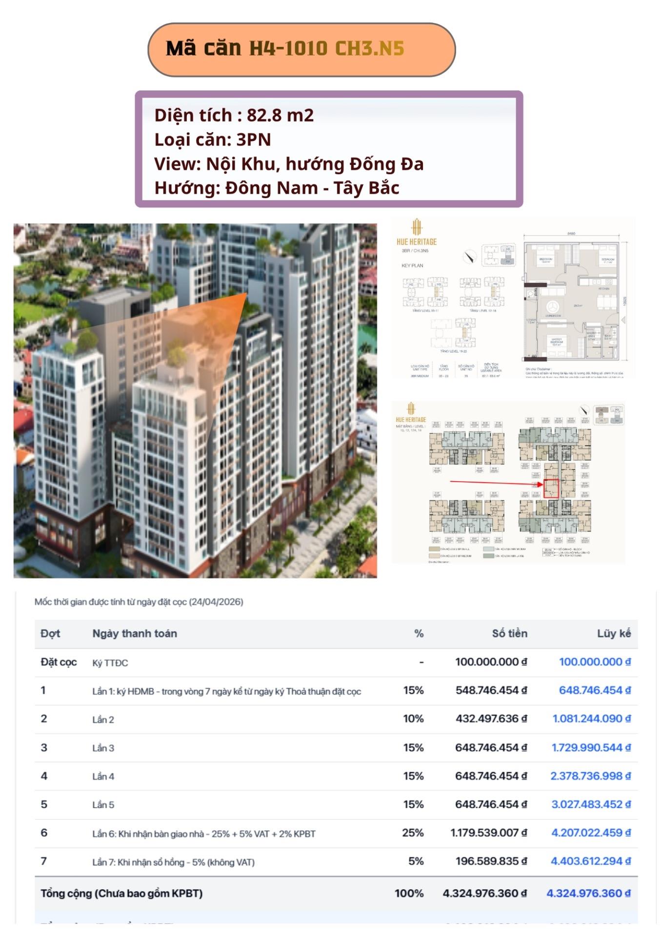 Bán chung cư 82,80000305175781 m2, giá 4,4 tỷ tại Đường Đống Đa - Phú Nhuận - Huế - Thừa Thiên Huế