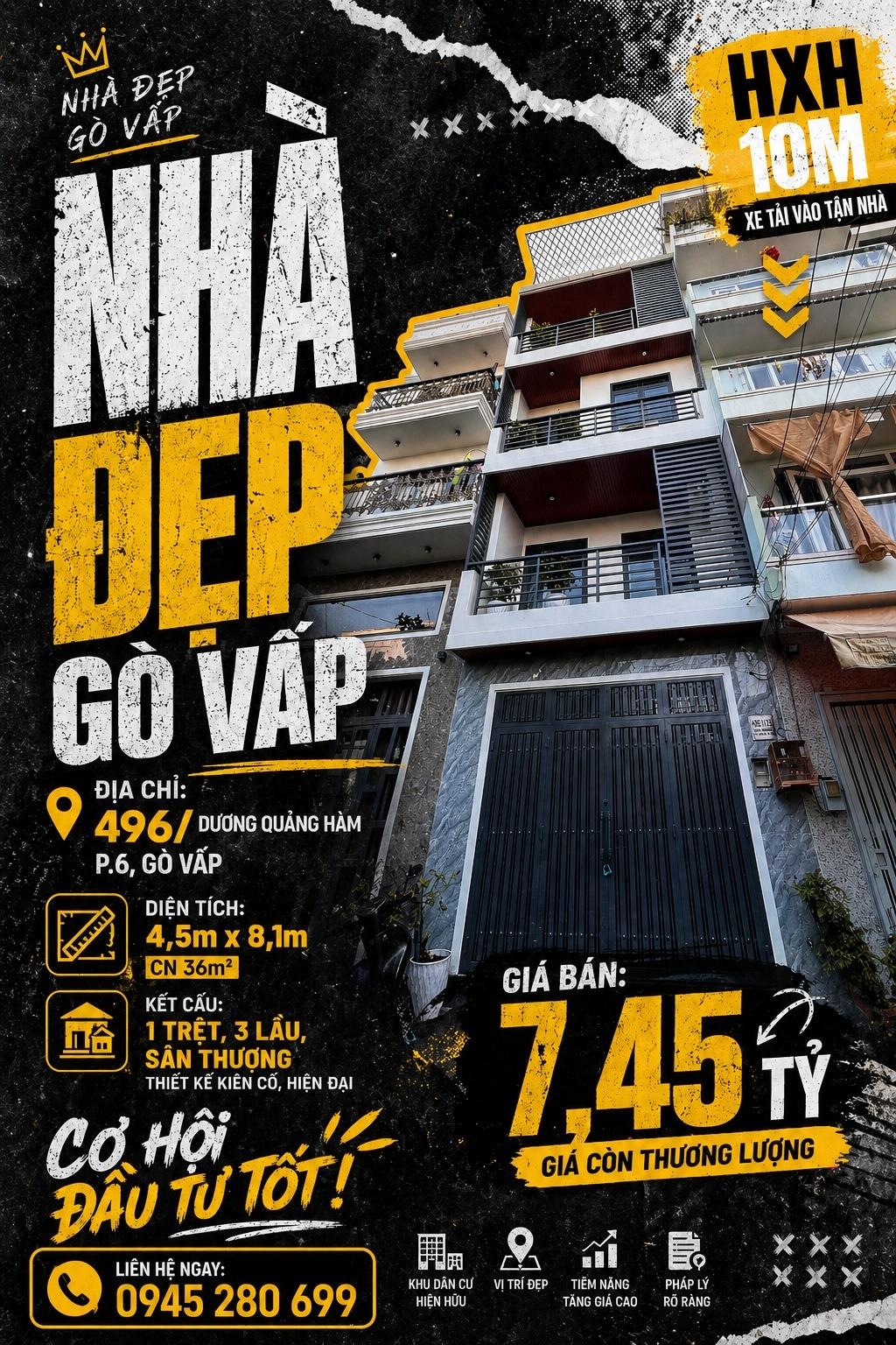 Bán nhanh căn nhà mặt phố 36 m2 tại Đường Dương Quảng Hàm - 6 - Gò Vấp, giá 7,45 tỷ