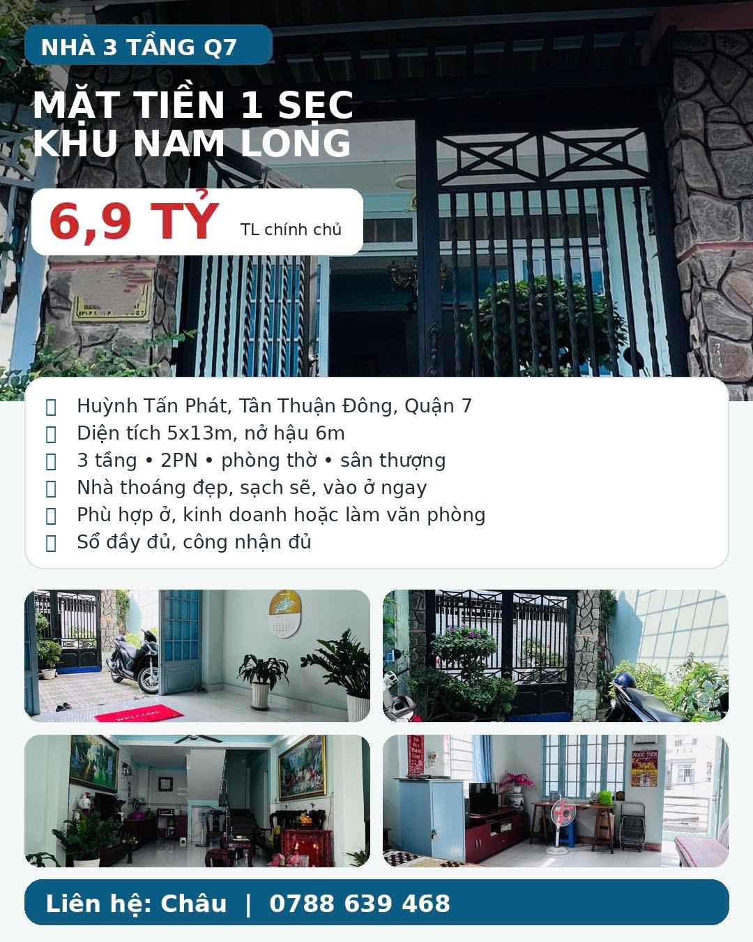 Bán nhanh nhà sổ riêng 3 tầng, 69 m2 tại Đường Huỳnh Tấn Phát - Quận 7, giá 6,9 tỷ