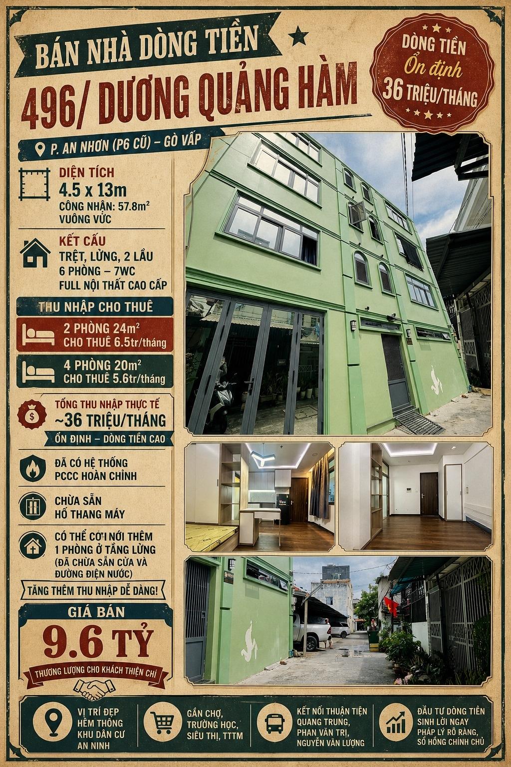 Chuyển nhượng nhà đẹp 58 m2 tại Đường Dương Quảng Hàm - 6 - Gò Vấp - TP Hồ Chí Minh, giá 9,6 tỷ
