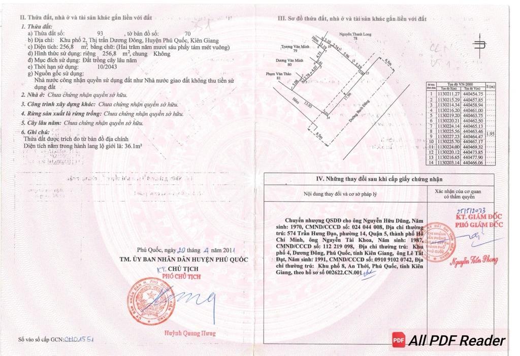 Chuyển nhượng nền đất 256 m2 tại Thị trấn Dương Đông - Phú Quốc - Kiên Giang, giá 14,5 tỷ