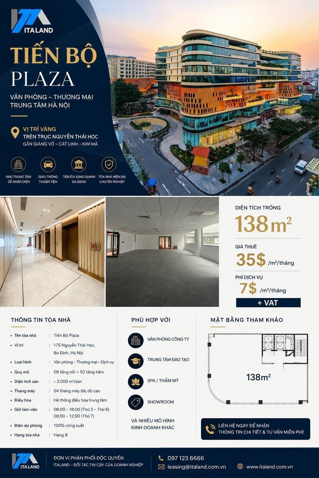Cho thuê văn phòng Tiến Bộ Plaza 138m2 - Nguyễn Thái Học 